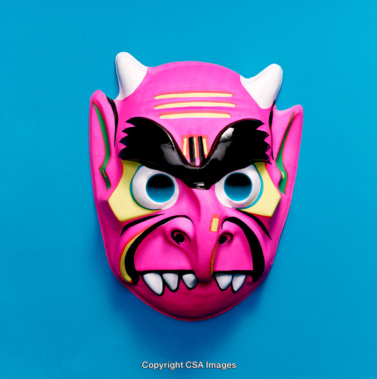Vibrant Pink Devil Mask on Bright Blue Background