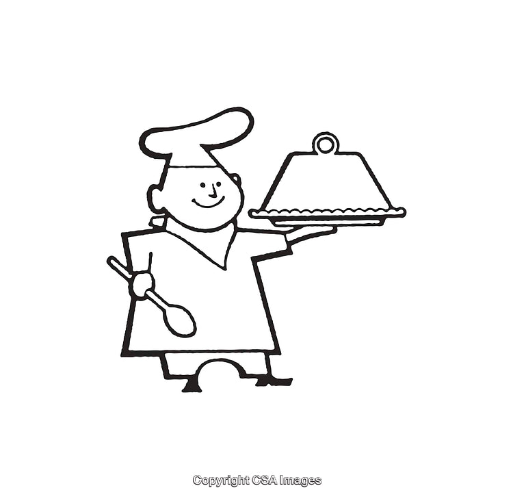 Black And White Line Art Of A Chef Holding A Covered Dish