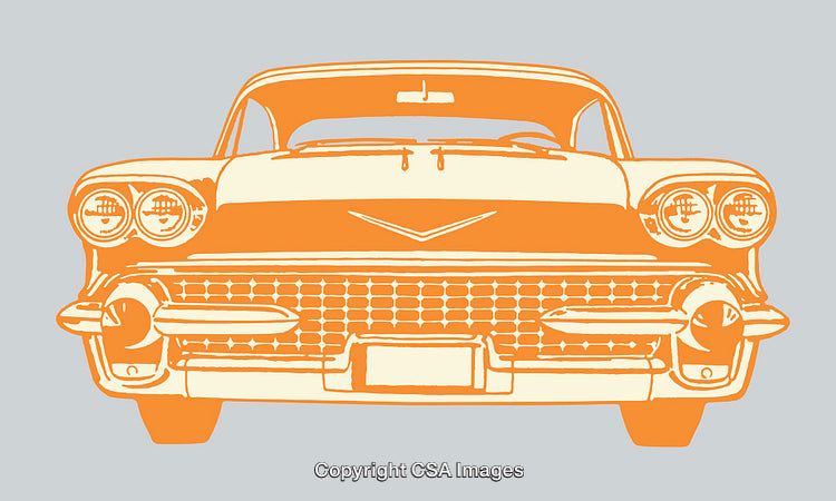 Retro Car Front Line Art Illustration In Vibrant Orange And Gray