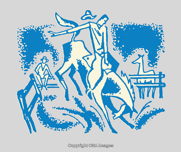 Blue Line Art Illustration of Rural Scene with Characters and Animals