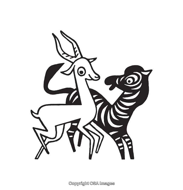 Black and White Line Art of an Antelope and Zebra Illustration