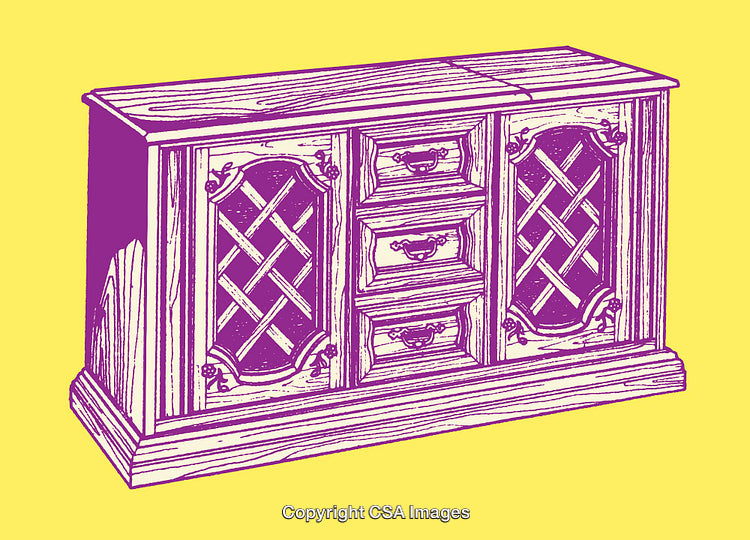 Vintage Wooden Cabinet Illustration in Yellow and Purple Colors