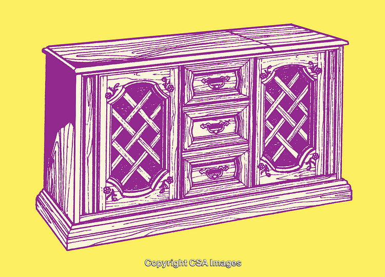 Vintage Wooden Cabinet Illustration in Yellow and Purple Colors