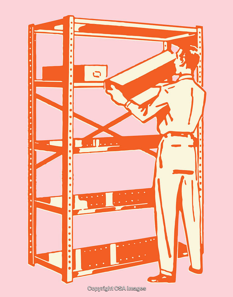 Retro Style Illustration of Individual Organizing on Metal Shelving Unit