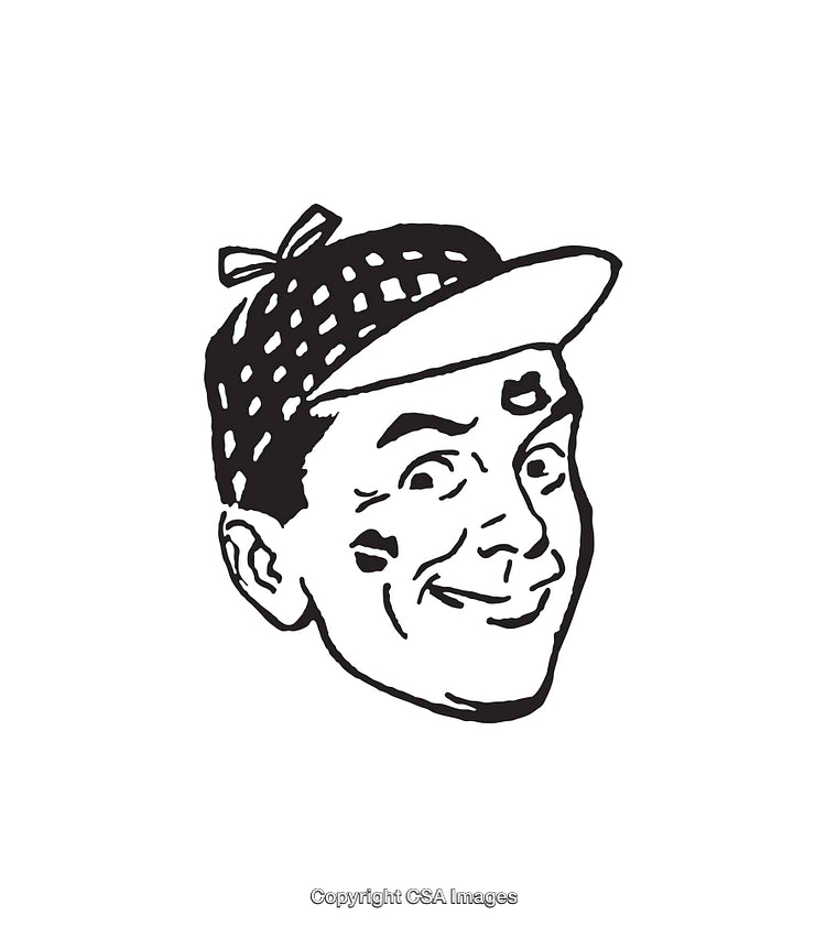 Vintage Black And White Line Art Illustration of Smiling Face in Cap