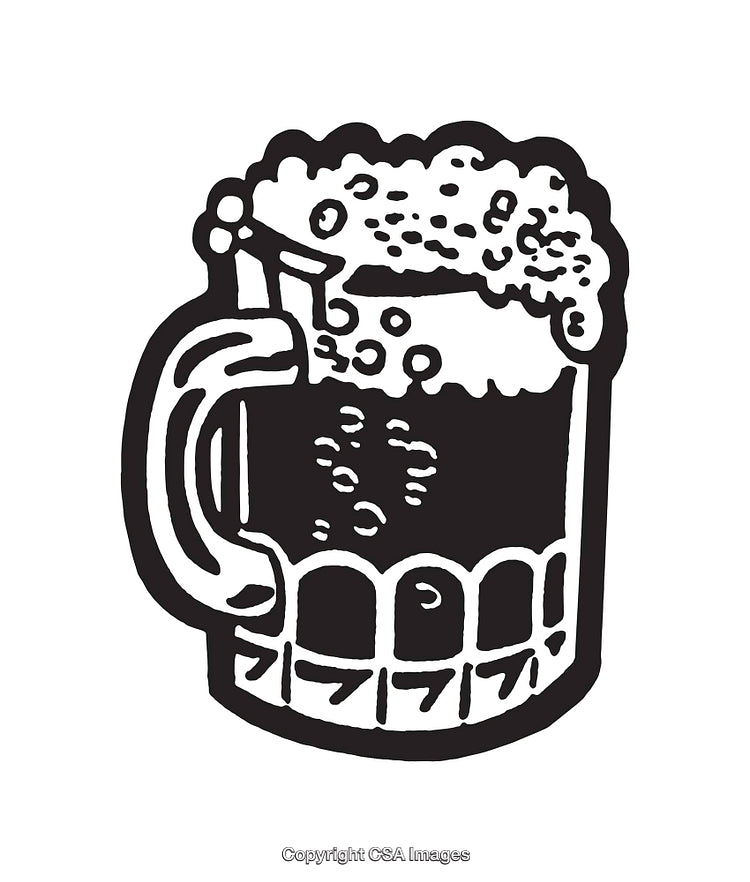Black and White Sketch of a Beer Mug with Foam Bubbles