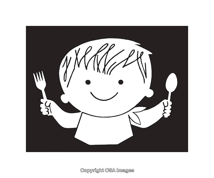 Cheerful Child Holding a Fork and Spoon in Black and White Artwork
