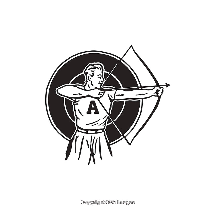 Black and White Archery Illustration Featuring Target and Archer Aiming