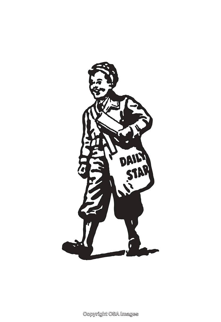 Vintage Newsboy Illustration with a 'Daily Star' Newspaper Bag