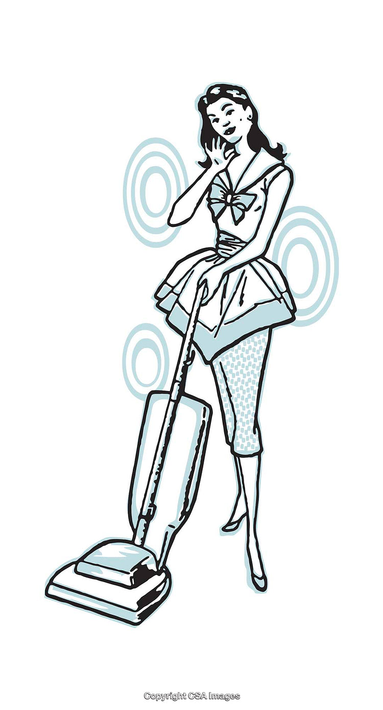 Playful Retro Illustration of a Woman Cleaning with a Vintage Vacuum Cleaner