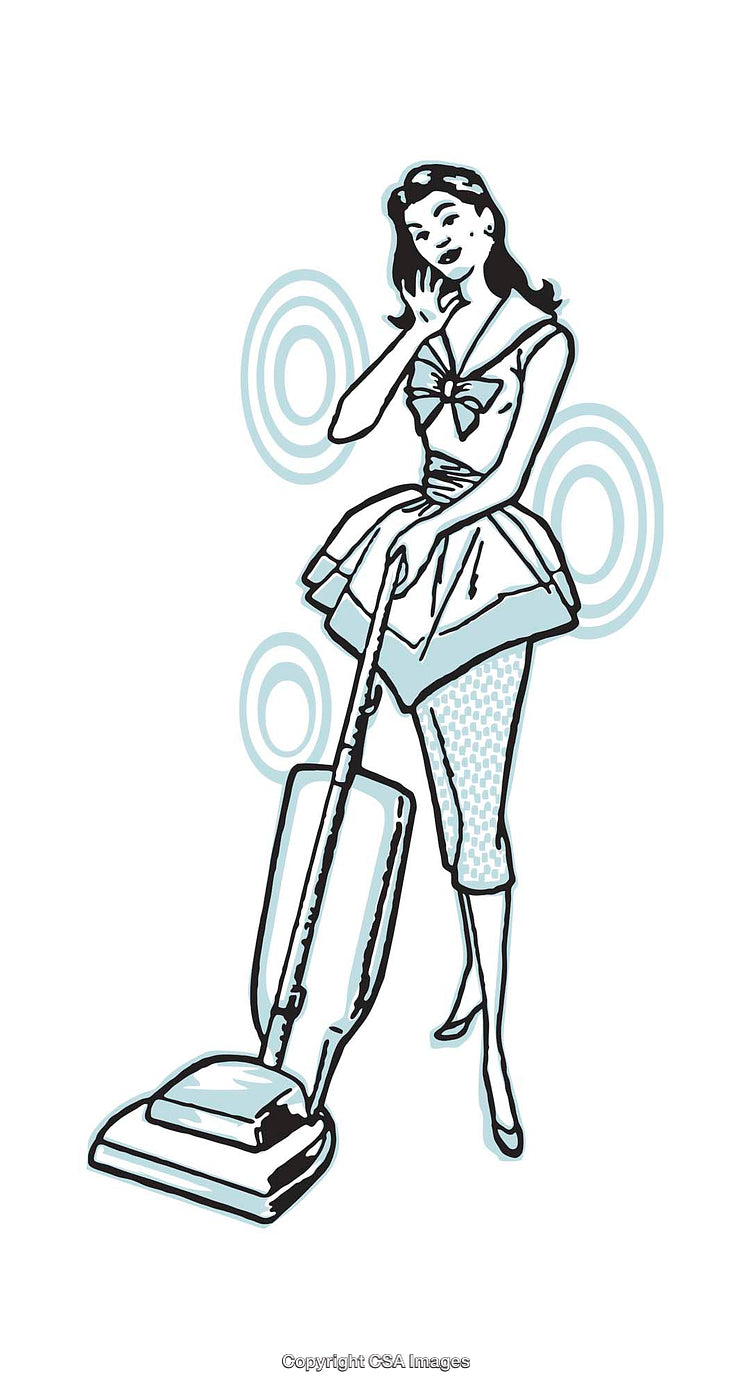 Playful Retro Illustration of a Woman Cleaning with a Vintage Vacuum Cleaner