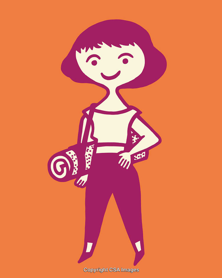 Colorful Line Art Illustration of Smiling Girl with Travel Bag and Mat