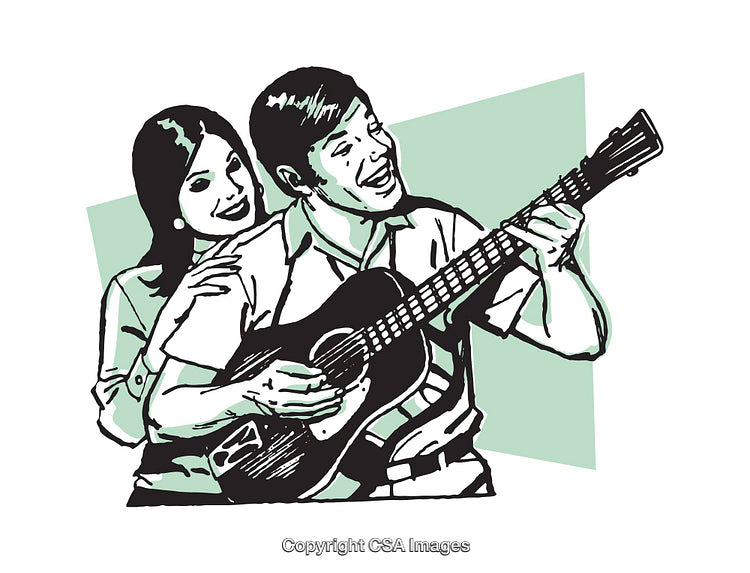 Colorful Illustration of Couples Enjoying Music Together Playing Guitar