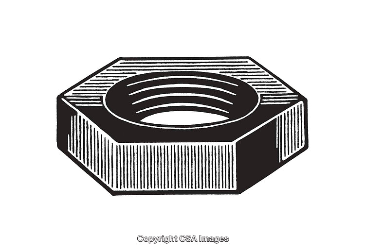 Black and White Line Art Illustration of a Hexagonal Metal Nut