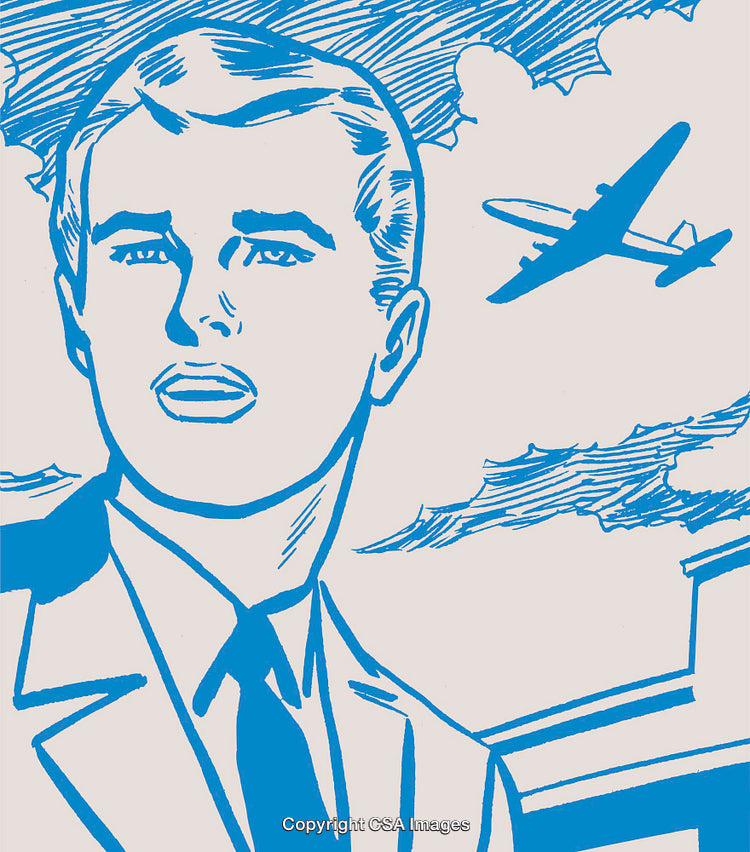 Retro Style Illustration of a Businessman with Airplane and Sky Background