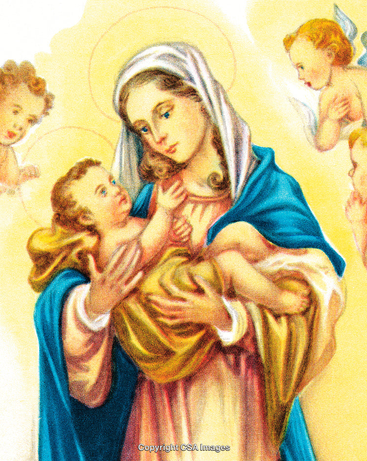 Illustration of Mother and Child Surrounded by Cherubs in Radiant Light