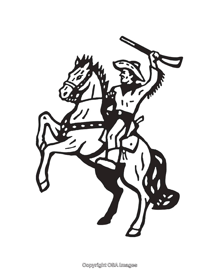 Vintage Line Art of a Western Rider with Raised Rifle on Horseback