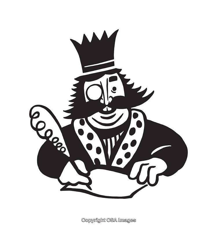 Black and White Illustration of a King Writing with a Quill Pen