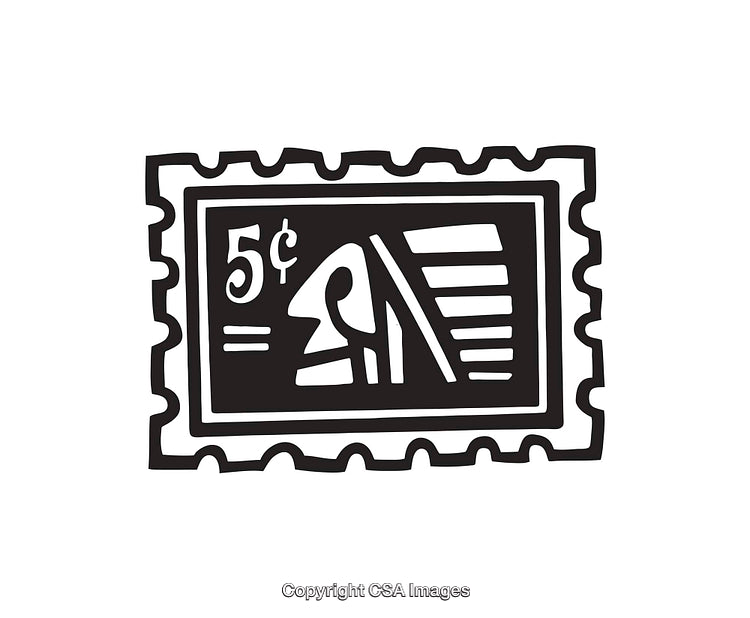 Black and White Line Art Illustration of Vintage Postage Stamp