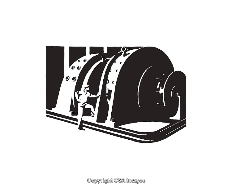 Industrial Machine Illustration with Worker in Black and White Line Art