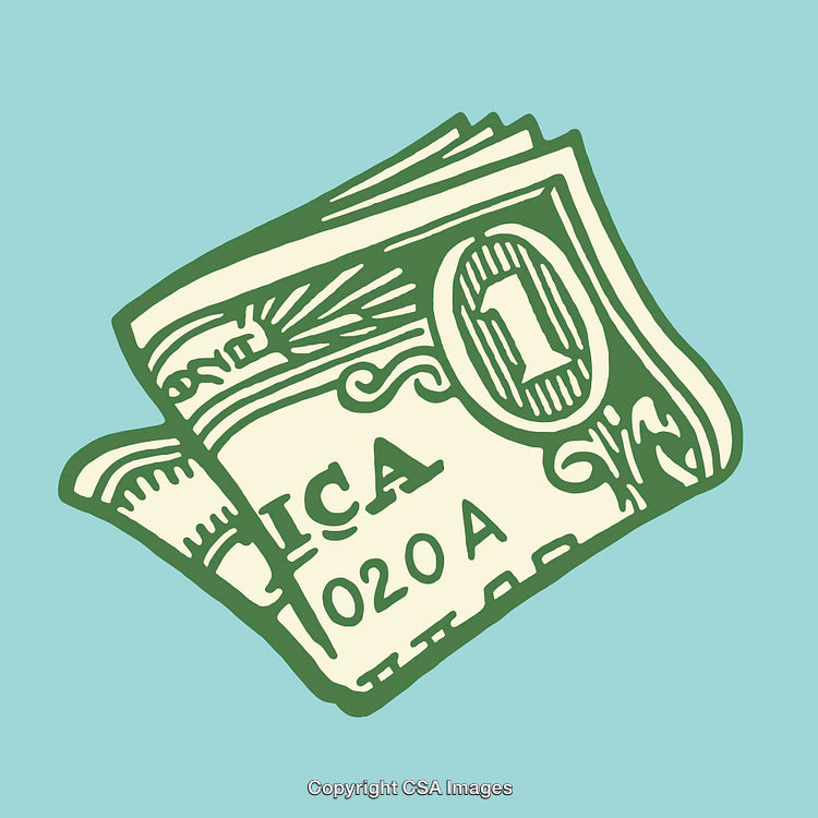 Green Line Art Illustration of One Dollar Bill on Blue Background