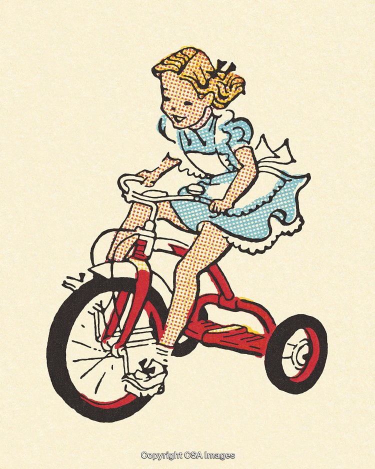 Vintage Illustration of a Young Girl Riding a Red Tricycle