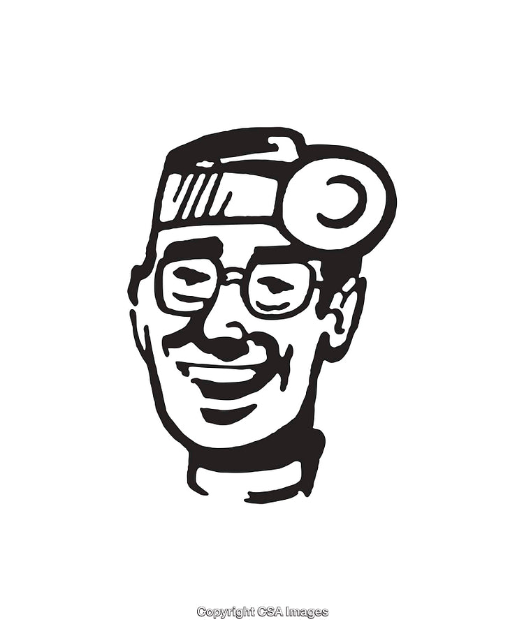 Black and White Line Art of Happy Doctor with Medical Headlamp