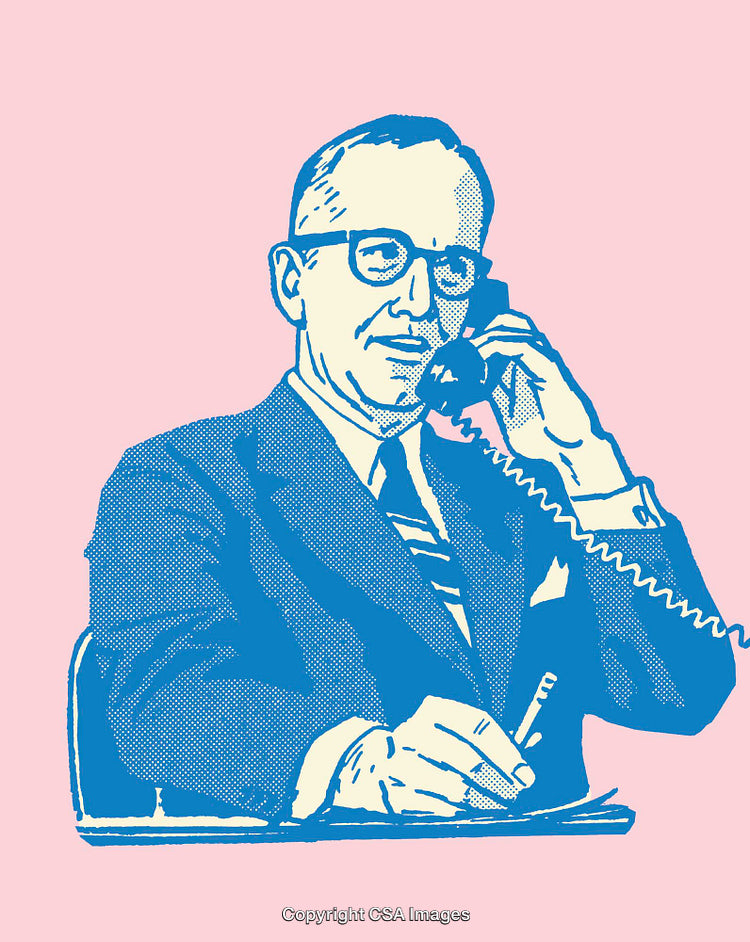 Vintage Businessman Conversing on Telephone in Classic Color Line Art Style
