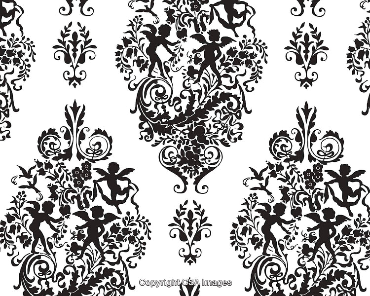 Elegant Black and White Floral Pattern with Angel Silhouettes