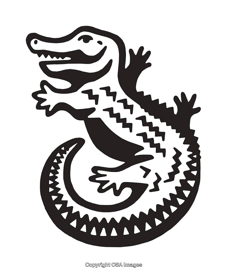 Stylized Black and White Illustration of a Crocodile in Tribal Art Style
