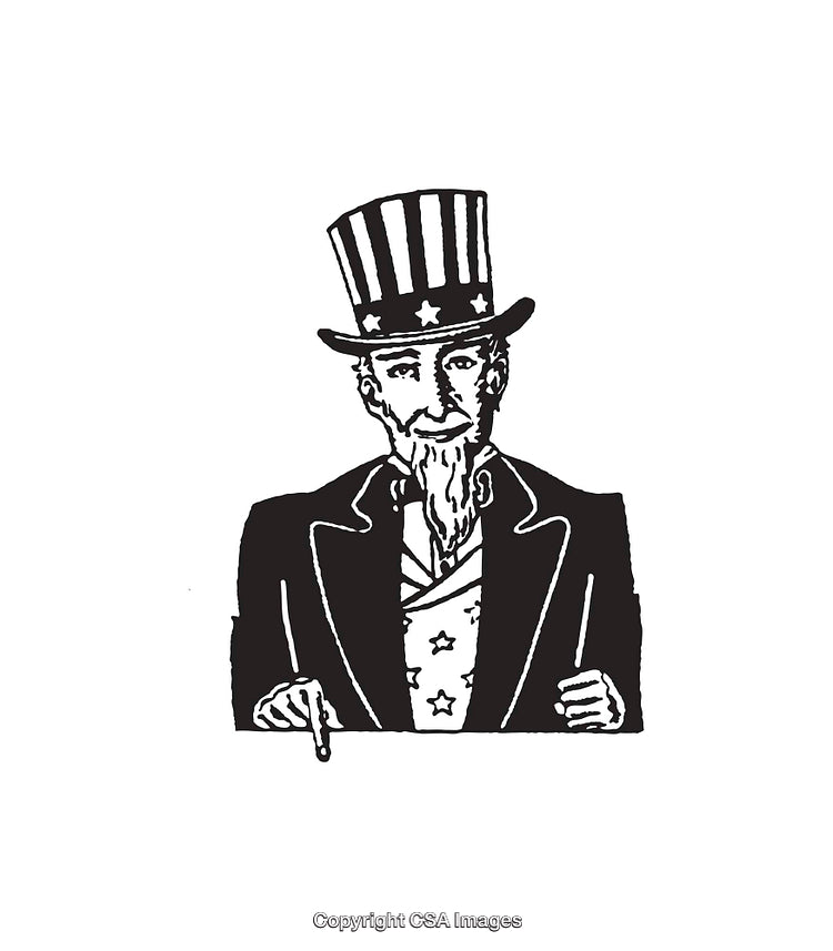 Black and White Patriotic Illustration of a Character in Striped Hat