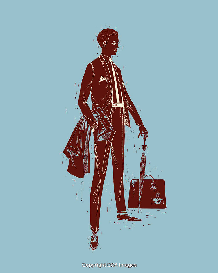 Stylized Illustration of a Businessman Holding Accessories on a Blue Background
