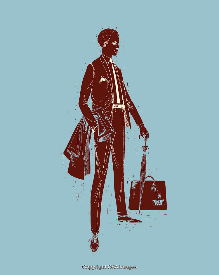 Stylized Illustration of a Businessman Holding Accessories on a Blue Background