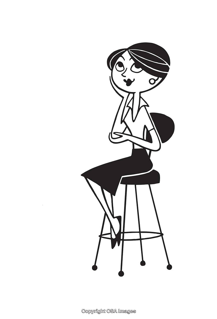 Black and White Line Art of Woman Thinking on a Stool