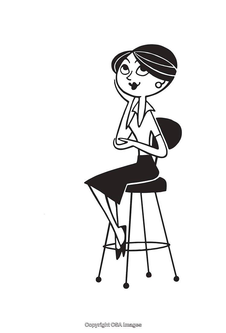 Black and White Line Art of Woman Thinking on a Stool