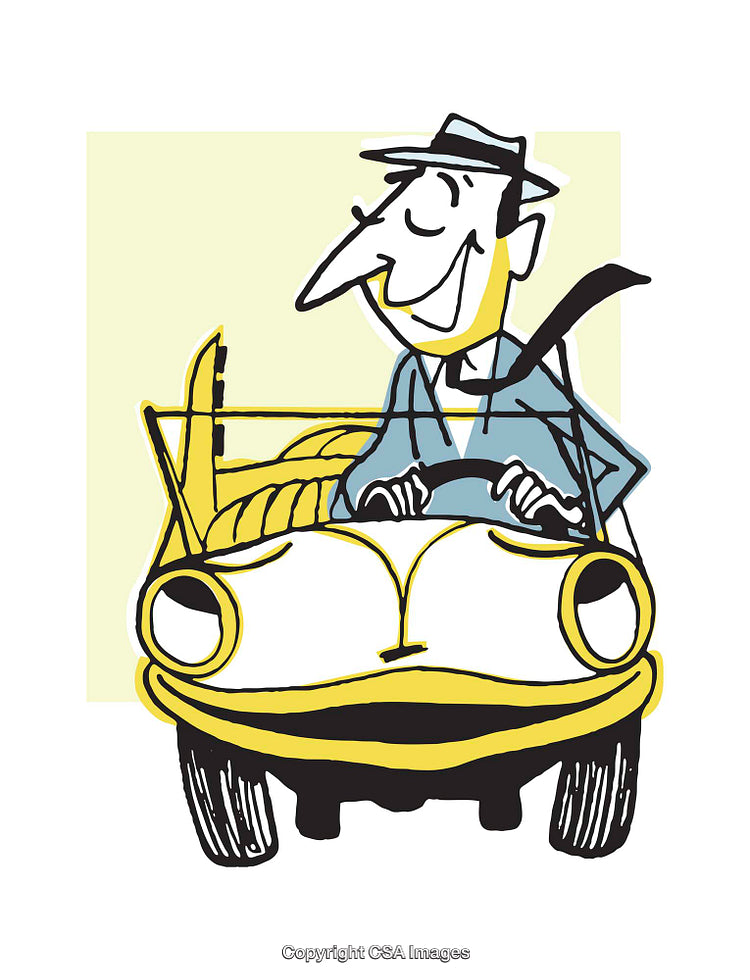 Cartoon Illustration of a Happy Man Driving a Vintage Convertible Car