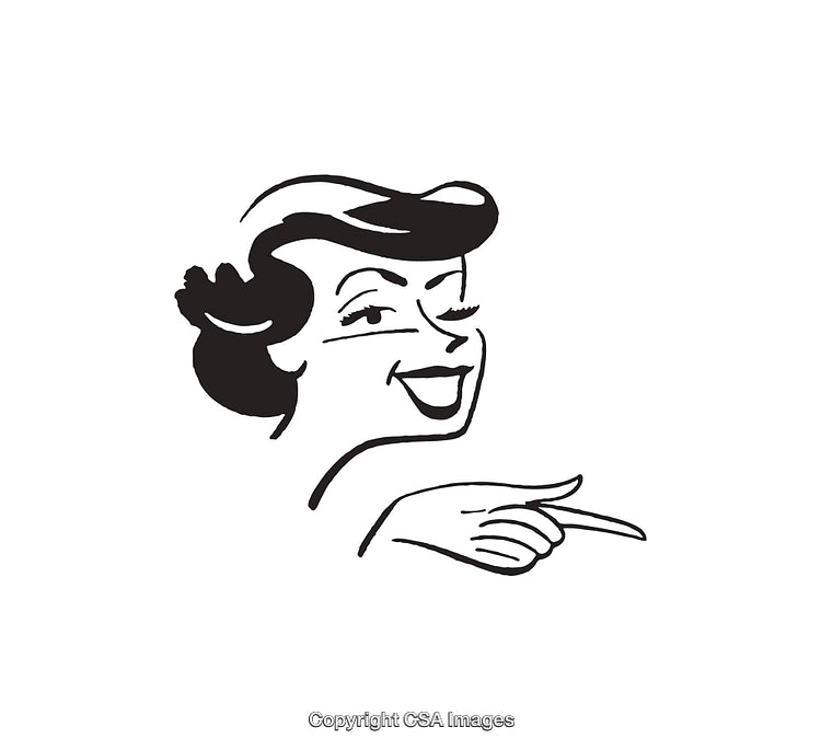 Playful Retro Woman Pointing in Black and White Line Art