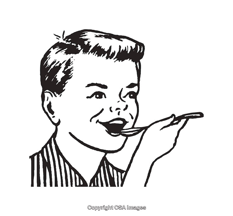 Retro Illustration of a Happy Boy Eating With a Spoon