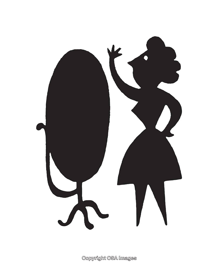 Silhouette of a Woman Observing a Full-Length Mirror in Black and White