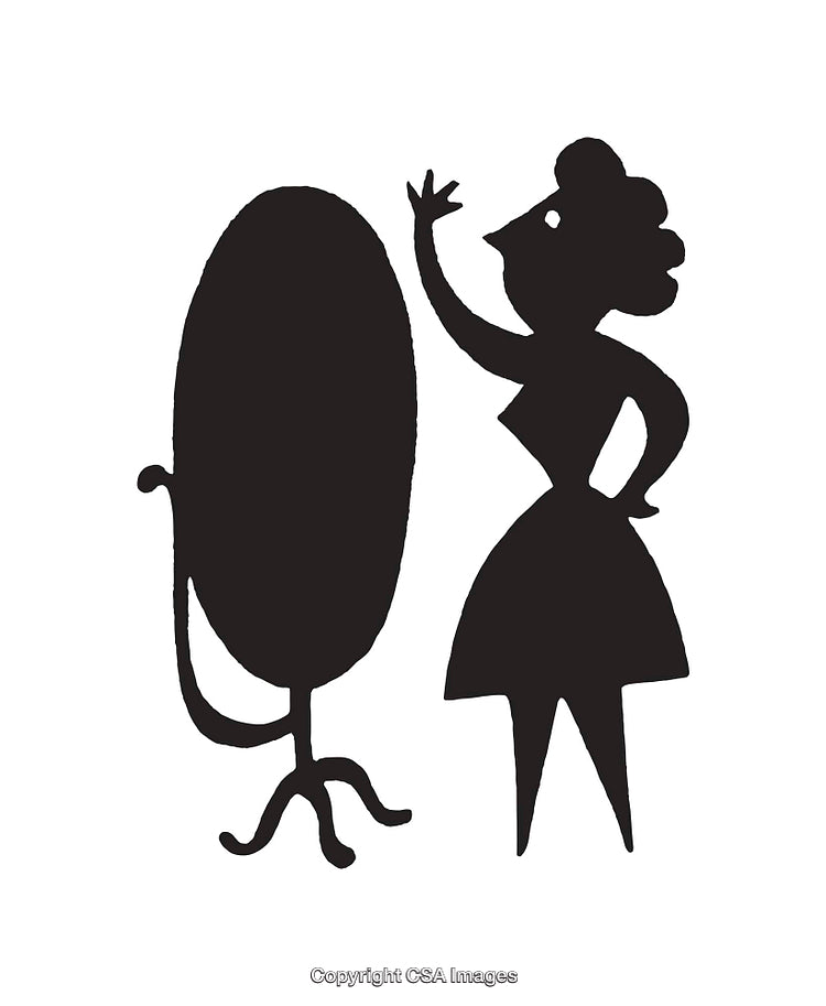 Silhouette of a Woman Observing a Full-Length Mirror in Black and White
