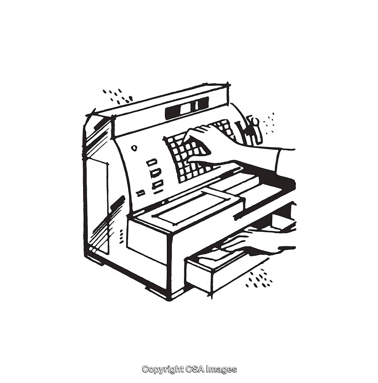 Vintage Line Art Illustration of Hands Operating a Cash Register