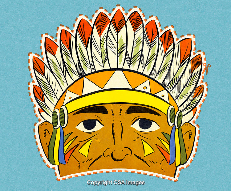 Illustration of Cartoon Styled Head with Traditional Feathered Headdress