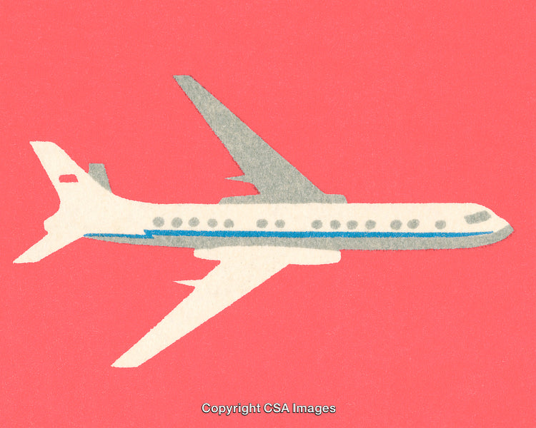 Illustration of a Passenger Jet Airplane Against Bright Coral Background