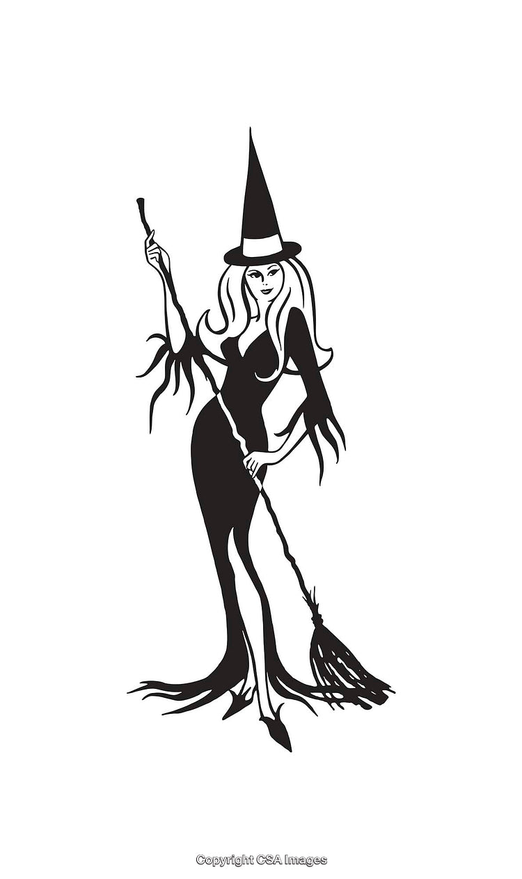 Stylish Witch Line Art Illustration Holding a Broomstick in Minimalist Style