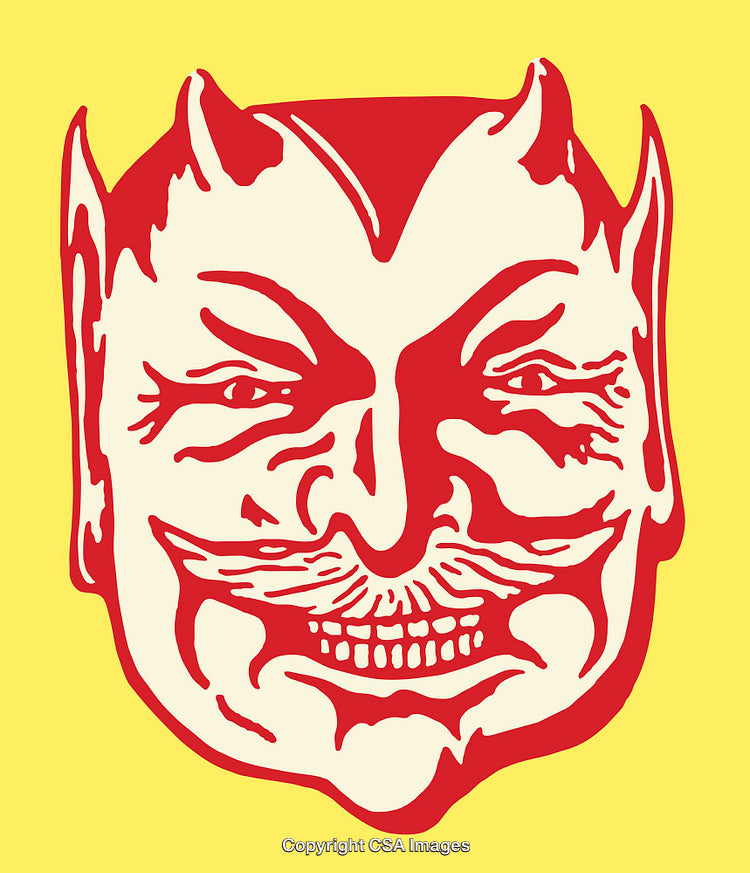 Vintage Line Art of a Smiling Red Devil Face Illustration