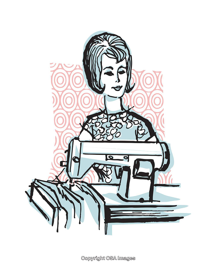 Vintage Style Illustration of Woman Sewing with Machine Fabric Patterns