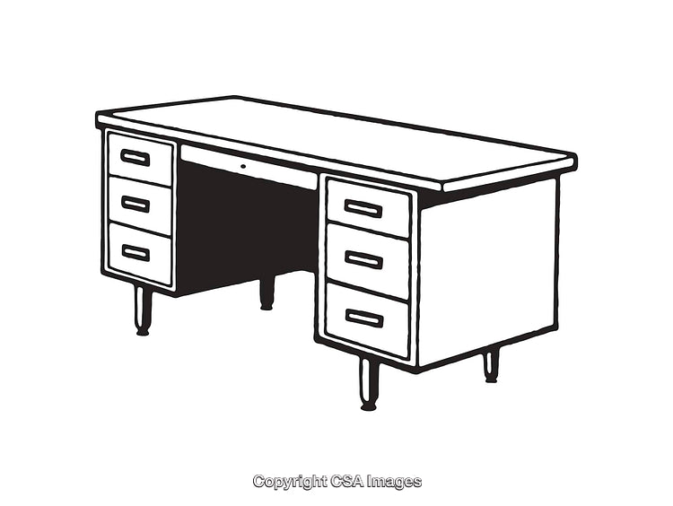 Black and White Line Art Illustration of a Classic Office Desk