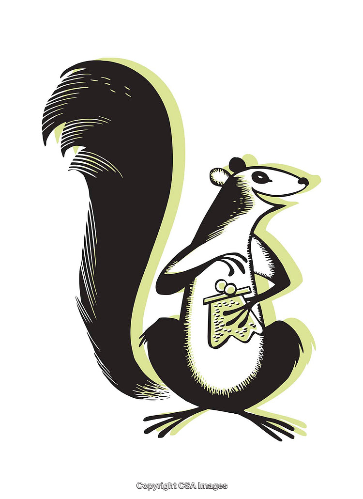 Stylized Squirrel Illustration Holding a Coin Pouch in Simplistic Colors