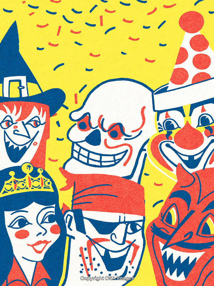 Colorful Illustration of Halloween Masks Featuring Cartoon Characters