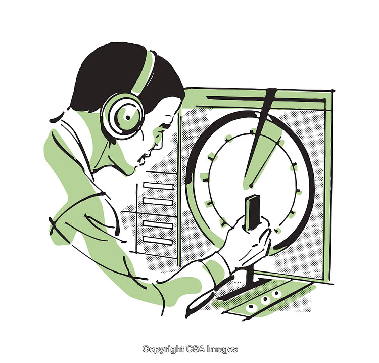 Retro Styled Illustration of Person Operating Radar Equipment